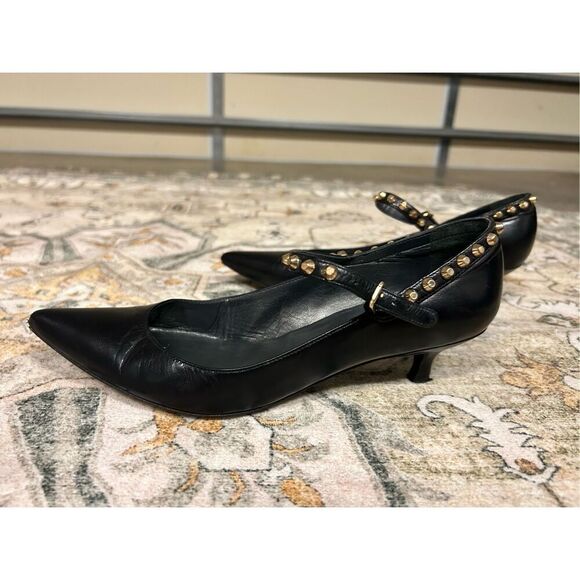 STUART WEITZMAN GOLD STUD KITTEN HEEL BLACK PUMPS - Picture 5 of 12
